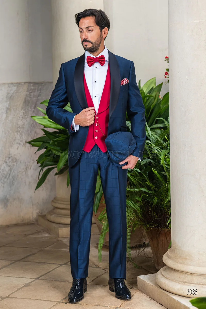 Esmoquin azul de cuadros con solapa chal para hombre 2