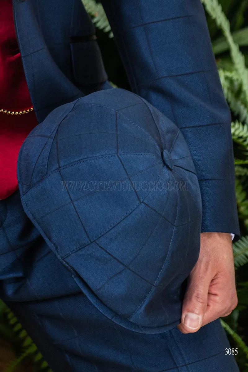Esmoquin azul de cuadros con solapa chal para hombre 5