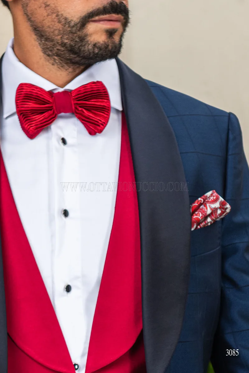 Esmoquin azul de cuadros con solapa chal para hombre 4