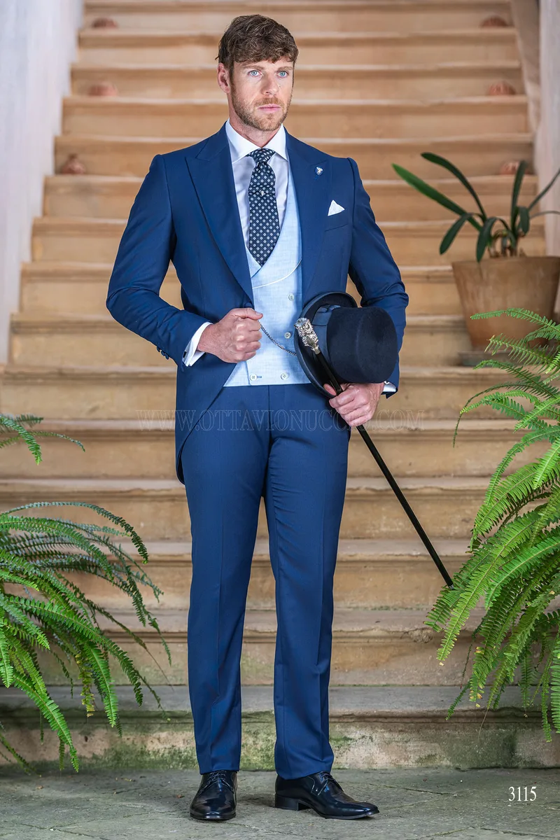 High fashion blue italian bespoke morning suit with light blue waistcoat 3