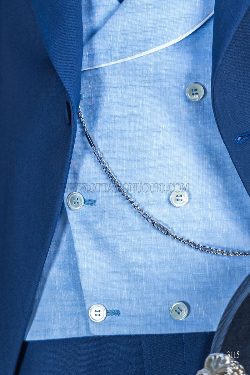 High fashion blue italian bespoke morning suit with light blue waistcoat 4