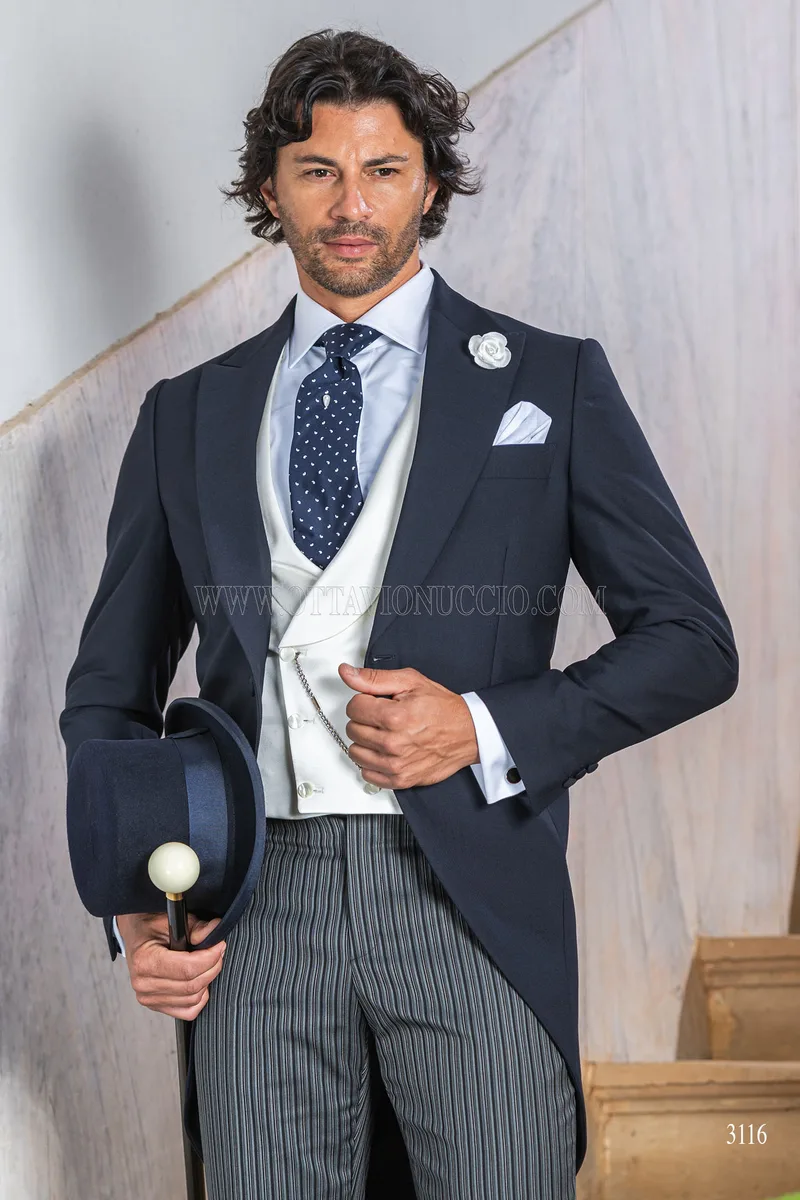 Blue italian luxury morning suit with striped trousers 1