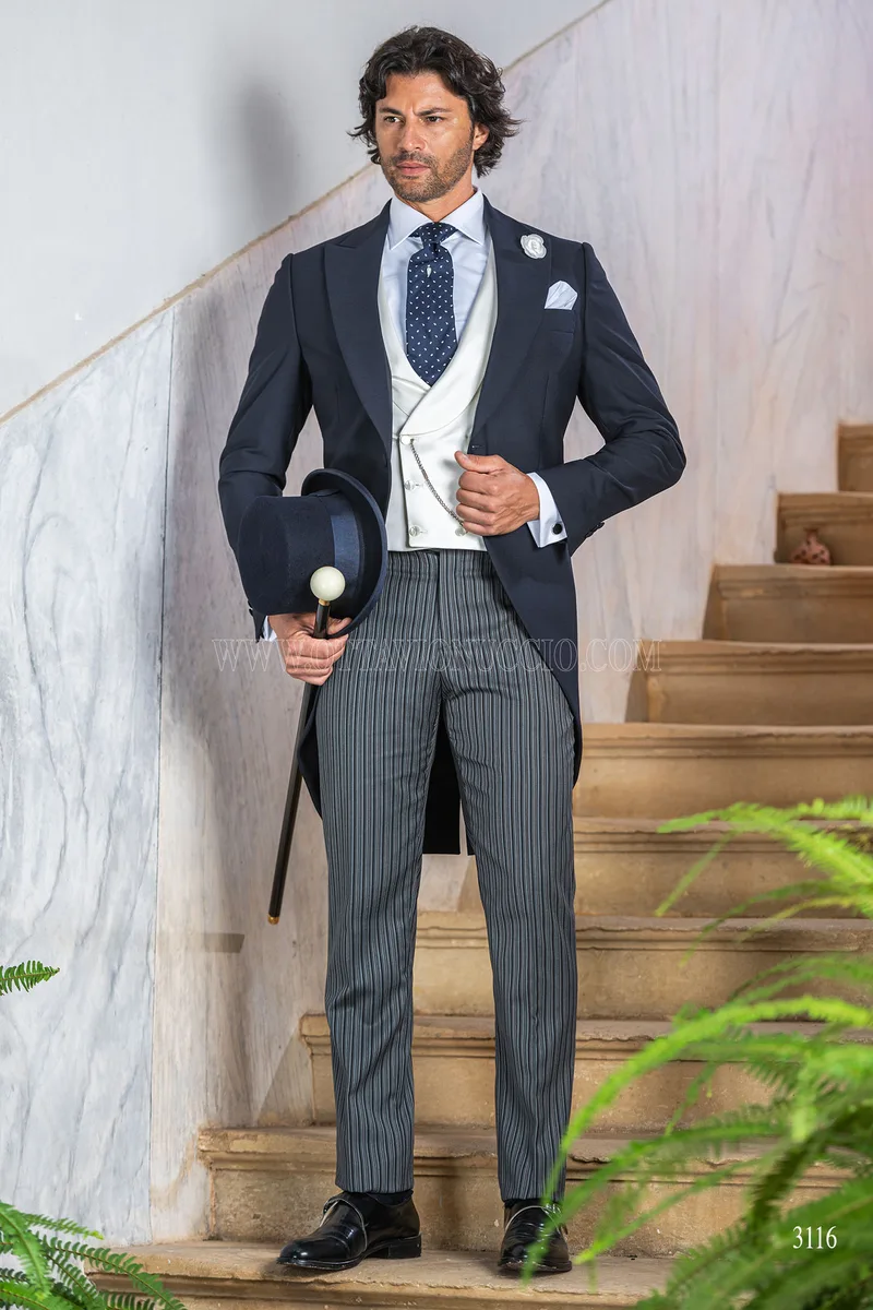 Blue italian luxury morning suit with striped trousers 2