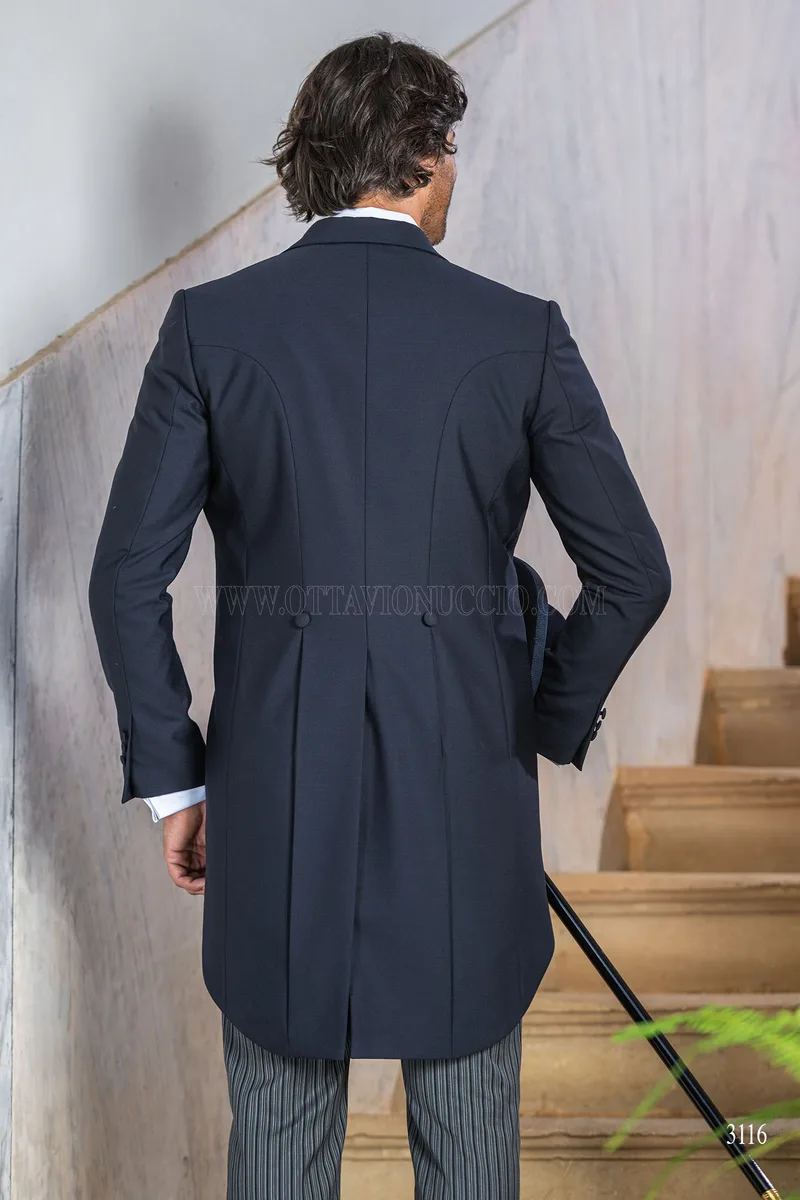 Blue italian luxury morning suit with striped trousers 3