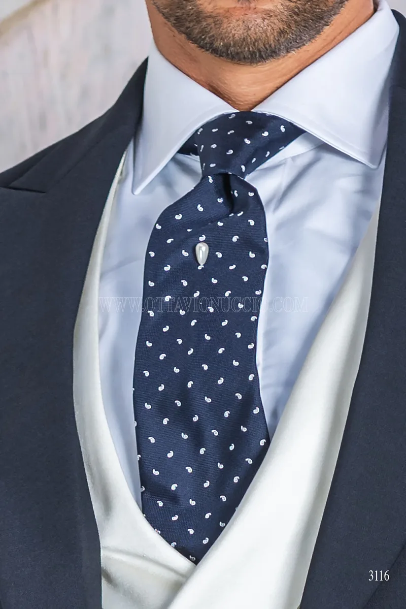 Blue italian luxury morning suit with striped trousers 5