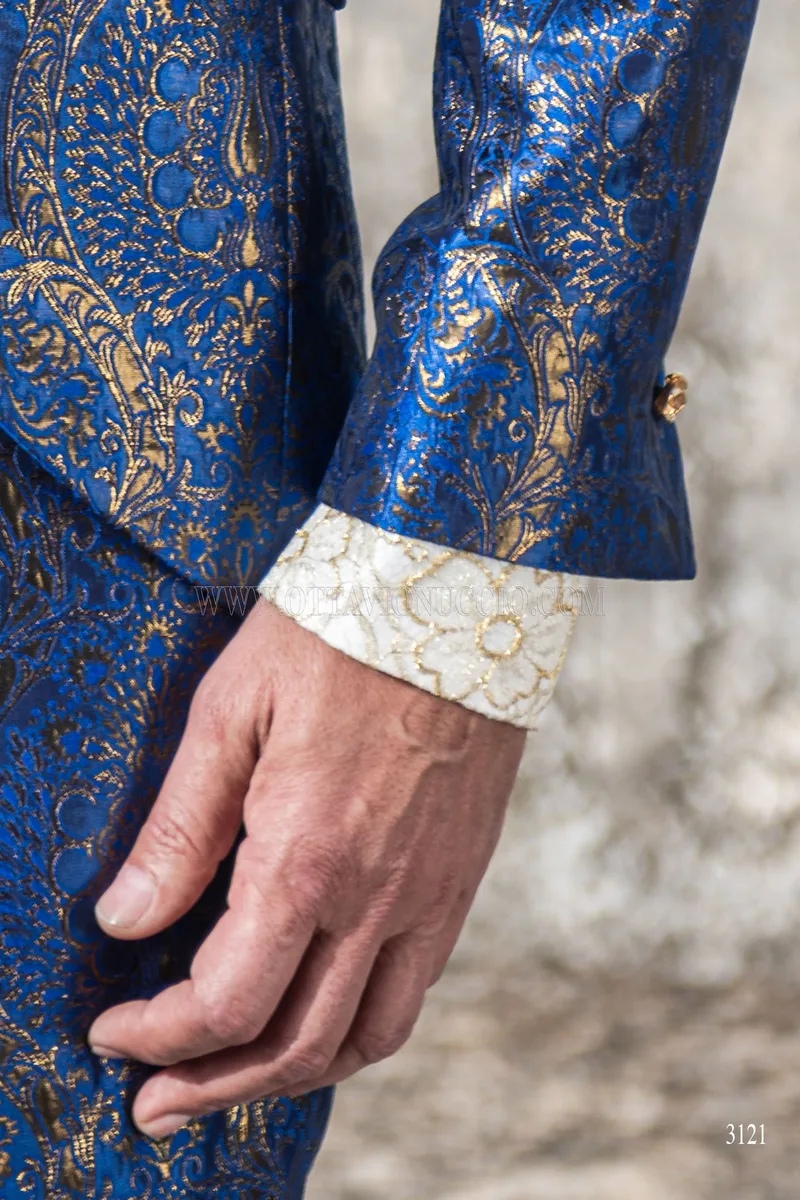 Herren-Hochzeitsgehrock aus blau-goldenem Brokat mit strassbesetztem Mao-Kragen 7