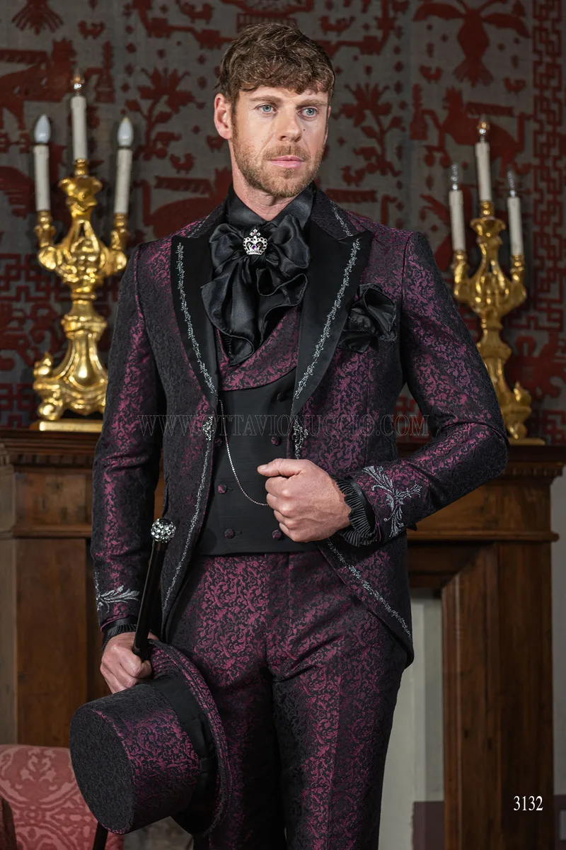 Gothic purple brocade wedding suit with silver embroidery 1