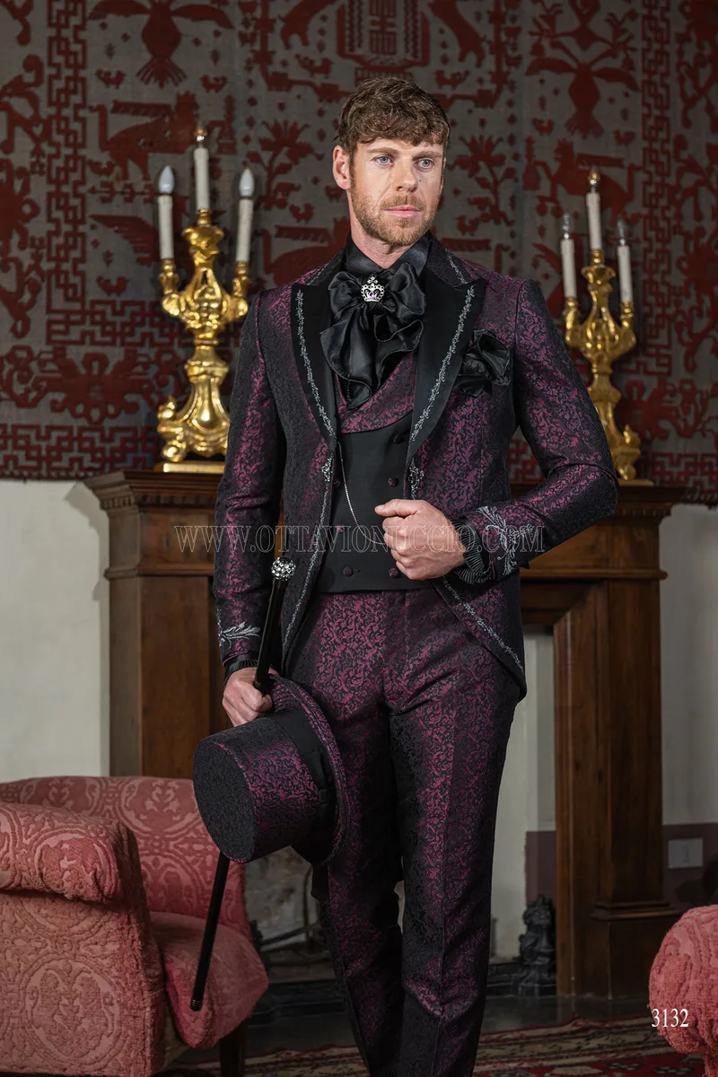 Gothic purple brocade wedding suit with silver embroidery 3