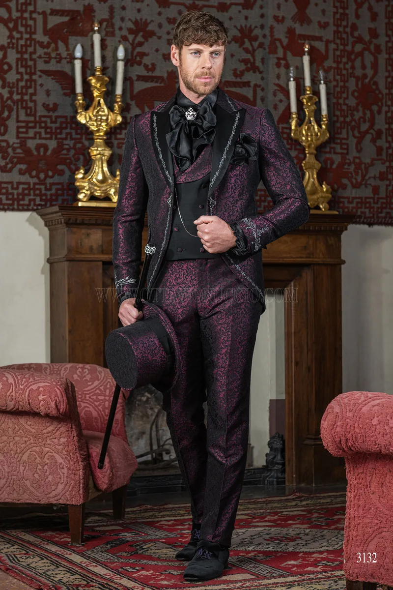 Gothic purple brocade wedding suit with silver embroidery 4