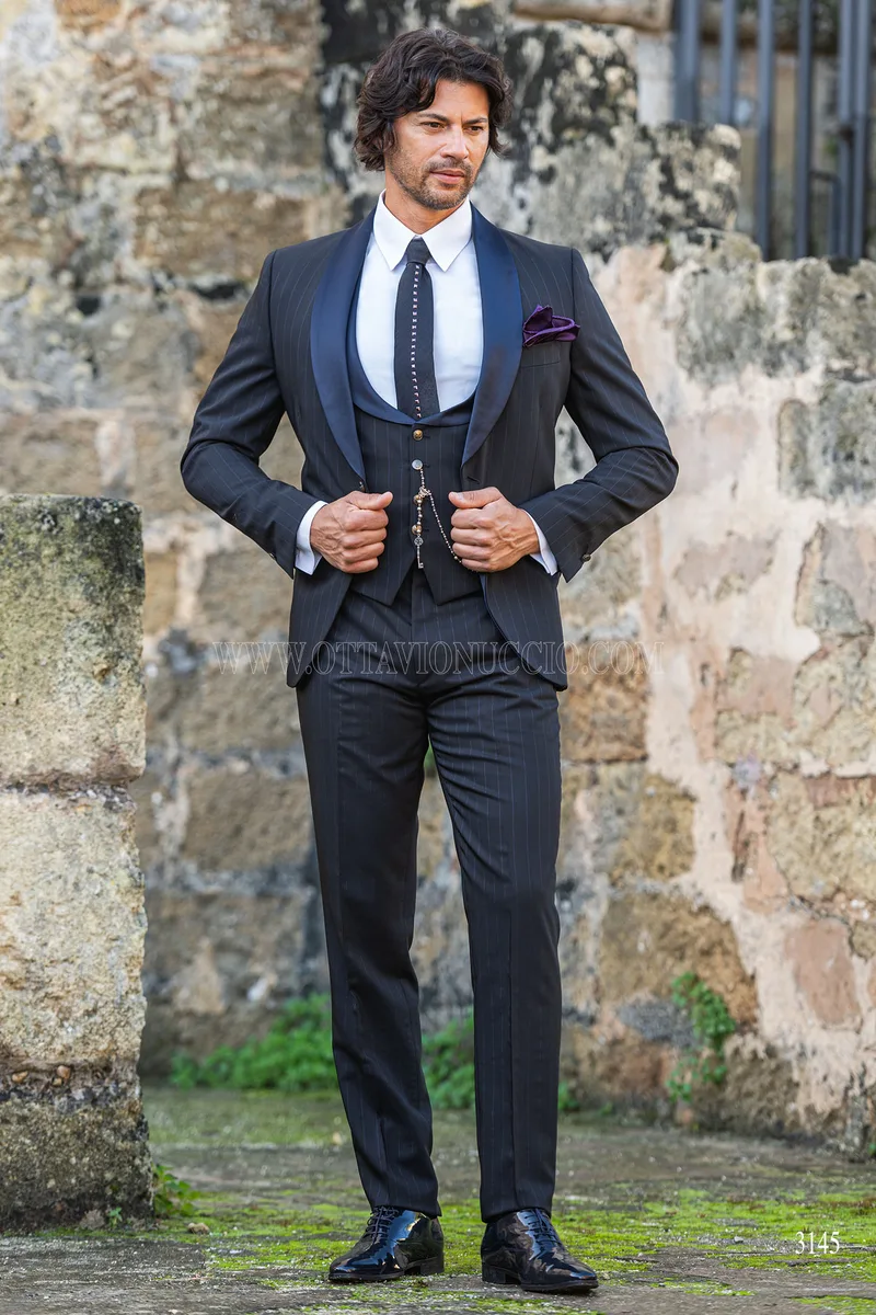 Black blue pinstripe men's tuxedo for vintage wedding 2