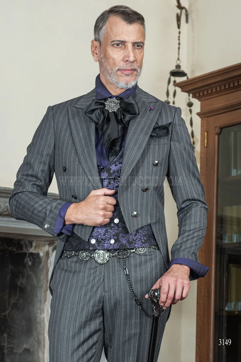 Gray pinstriped steampunk wedding tailcoat 1