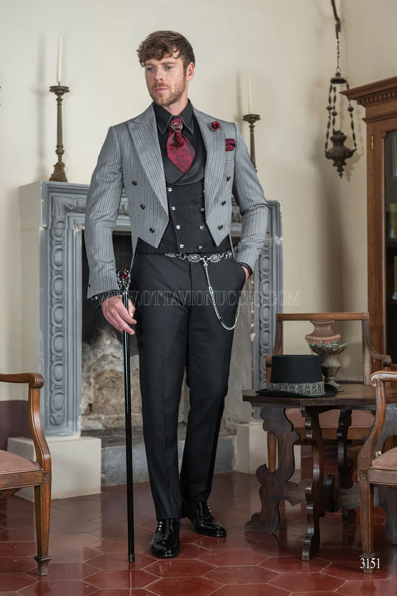 Frack uomo sposo steampunk gotico gessato grigio 2