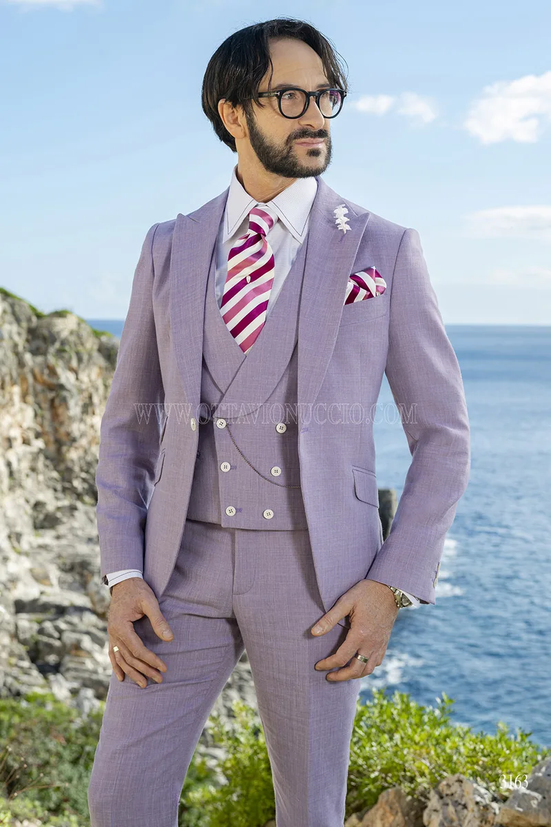 Men’s Tailored Three-Piece Linen Blend Suit – Mediterranean Lavender – pa