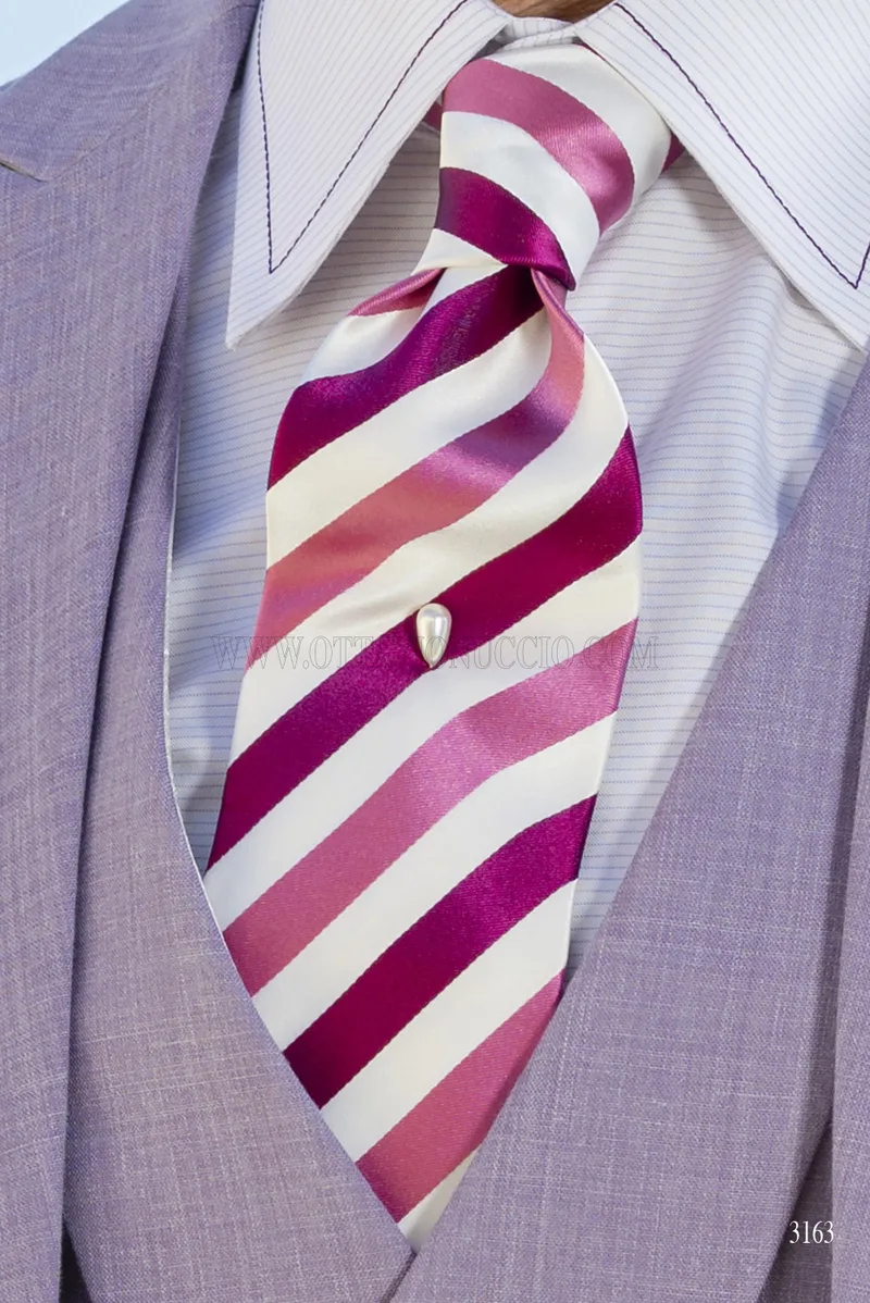 Corbata regimental de seda blanca, rosa y fucsia