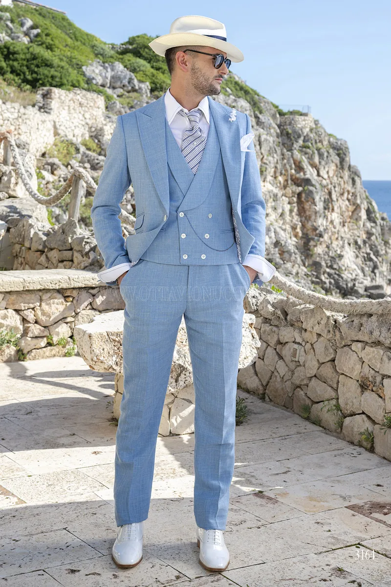 Dreiteiliger Hochzeitsanzug in Hellblau aus Leinenmischung – fi