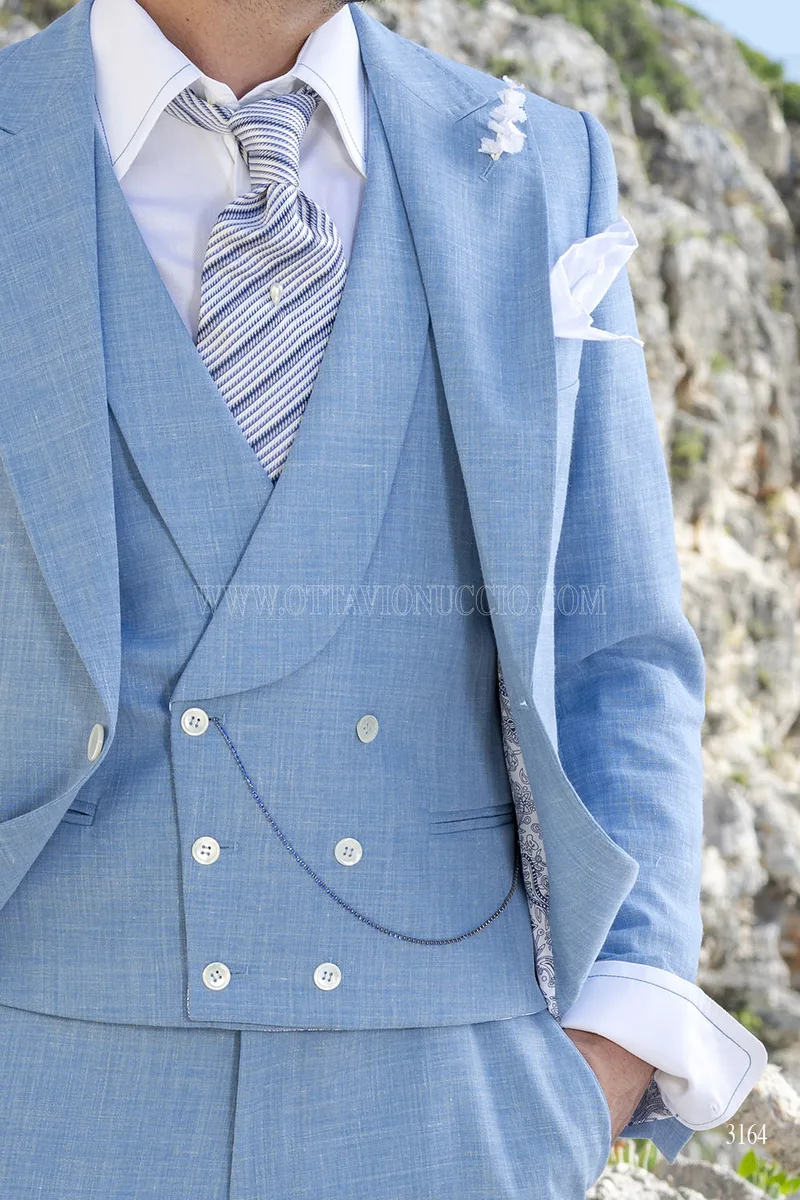 Dreiteiliger Hochzeitsanzug in Hellblau aus Leinenmischung 4