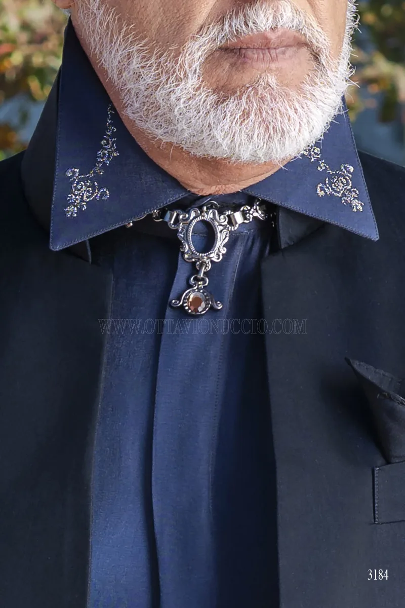 Costume de Cérémonie Bleu Col Officier avec Chemise Lurex – det