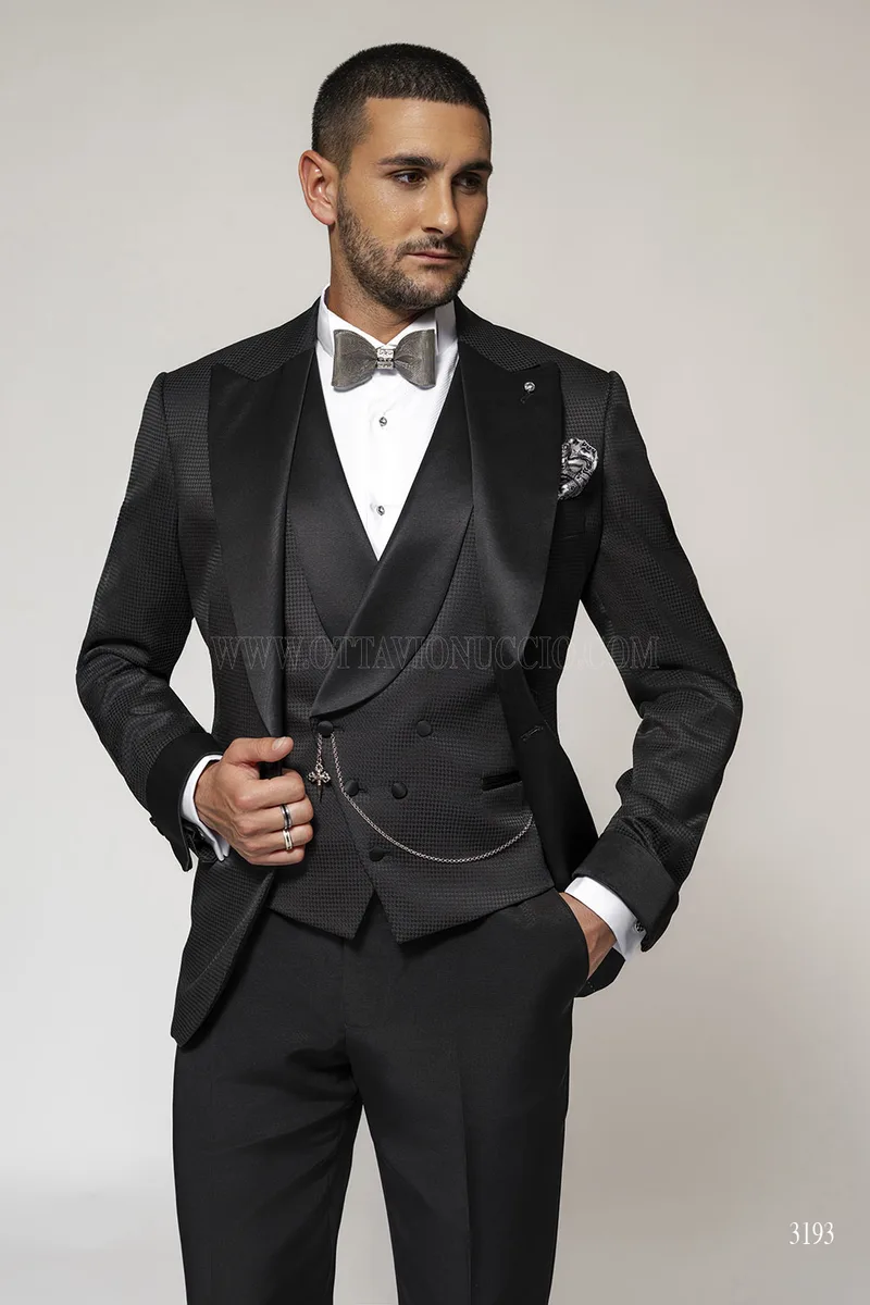 Luxus Smoking Schwarz mit Houndstooth-Muster und Satin – pa