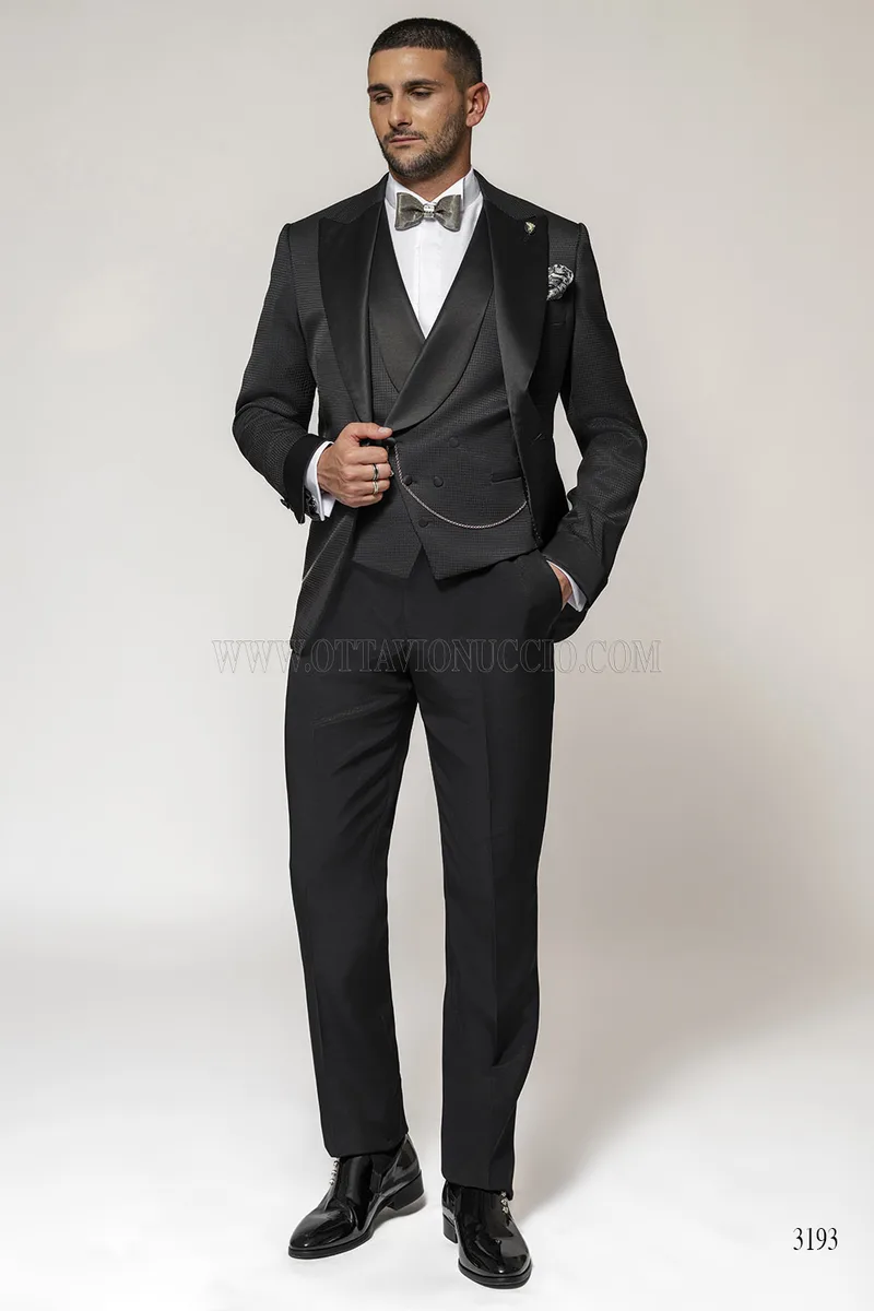 Luxus Smoking Schwarz mit Houndstooth-Muster und Satin – fi
