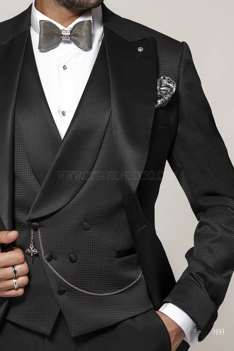 Luxus Smoking Schwarz mit Houndstooth-Muster und Satin 3