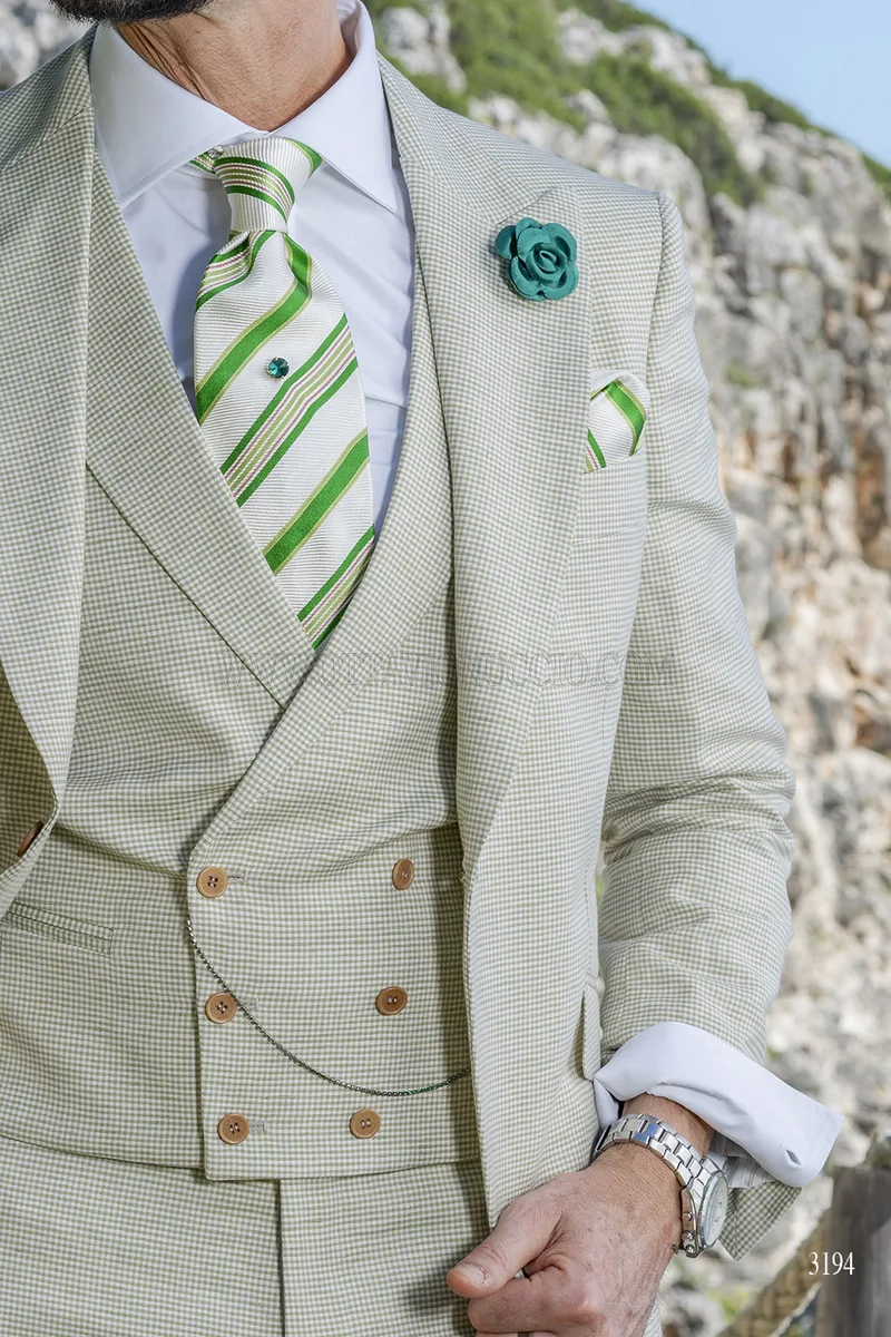 Gilet doppiopetto in tessuto cotone-lino fondo beige e Pied-de-poule verde