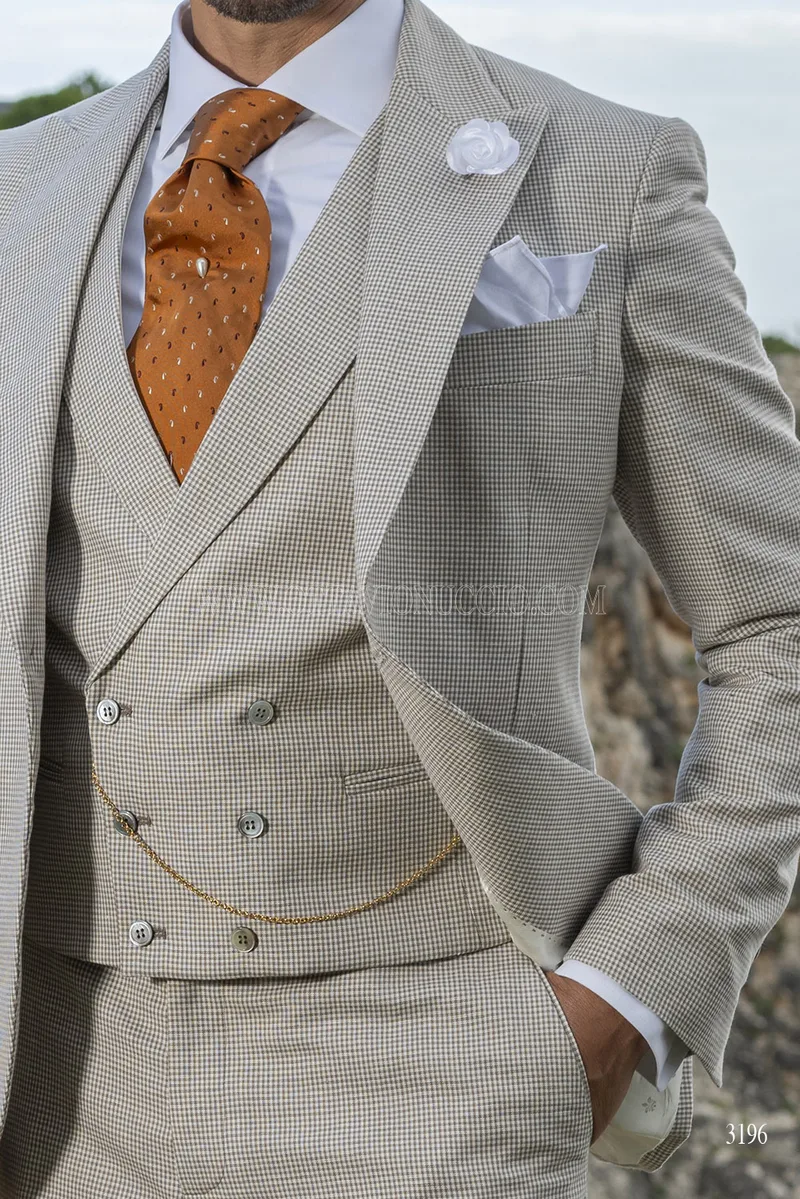 Gilet doppiopetto in tessuto cotone-lino fondo beige e Pied-de-poule marrone