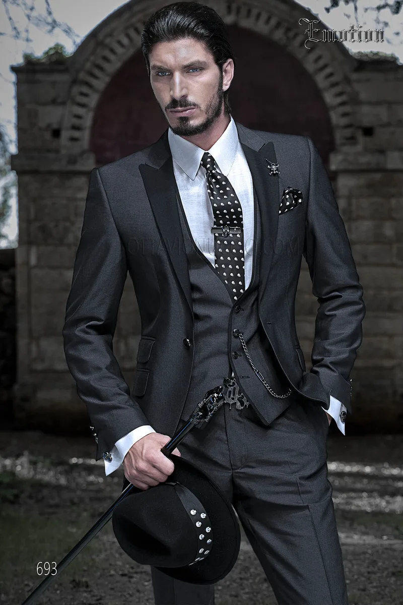 Charcoal gray peak lapel 3 piece groom suit 1