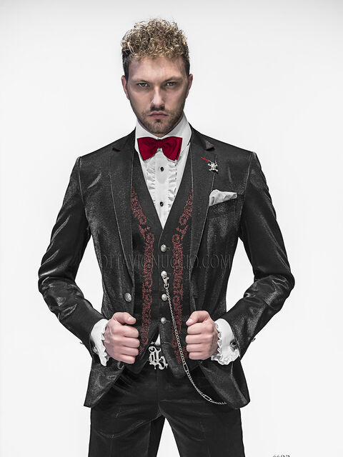 Abito nero lucido da sposo con gilet ricamato rosso