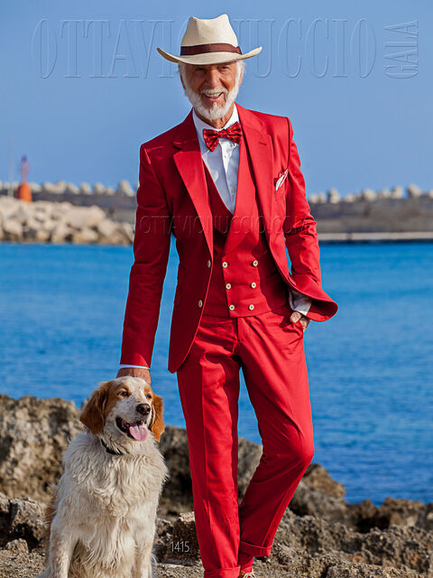 Abito uomo stile hipster in cotone rosso con gilet doppiopetto a tono