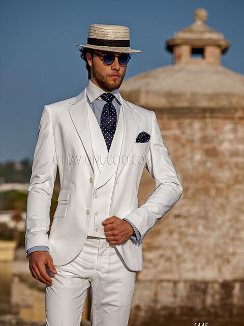 Abito bianco stile hipster in cotone con gilet doppiopetto