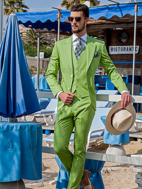 Abito uomo stile hipster in cotone verde chiaro con gilet