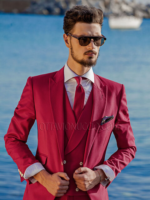 Abito uomo fucsia stile hipster in piquet di cotone con gilet doppiopetto