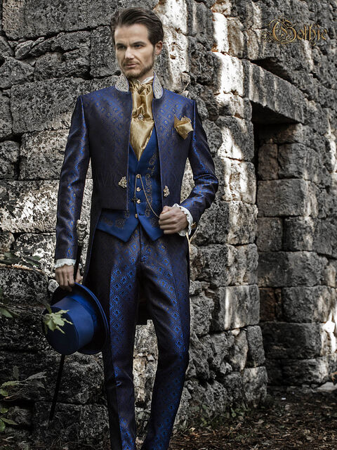 Abito frak sposo broccato blu passamanerie sul collo