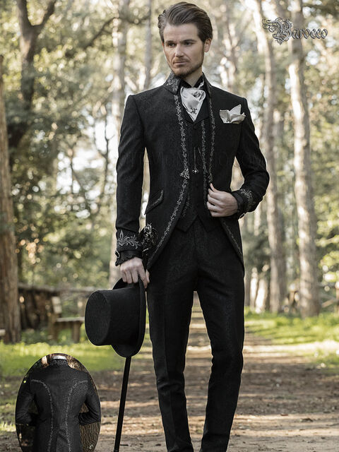 Vestito sposo damascato nero ricamato argento stile barocco
