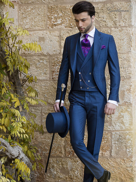 Vestito uomo classico blu royal, moda sposo misto lana mohair