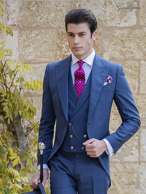 Abito da sposo tight moderno blu tessuto Principe di Galles
