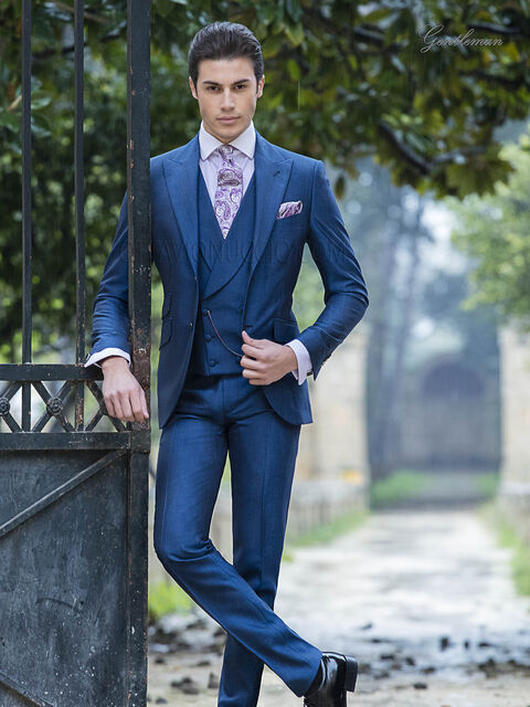 Abito da sposo elegante blu elettrico in misto lana mohair