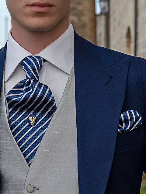 Cravattone e Fazzoletto in seta rigato blu royal bianco