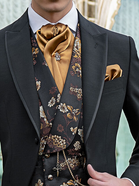 Gilet doppiopetto sciallato damascato nero oro