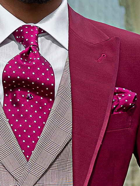 Cravattone e Fazzoletto in seta fucsia pois bianchi