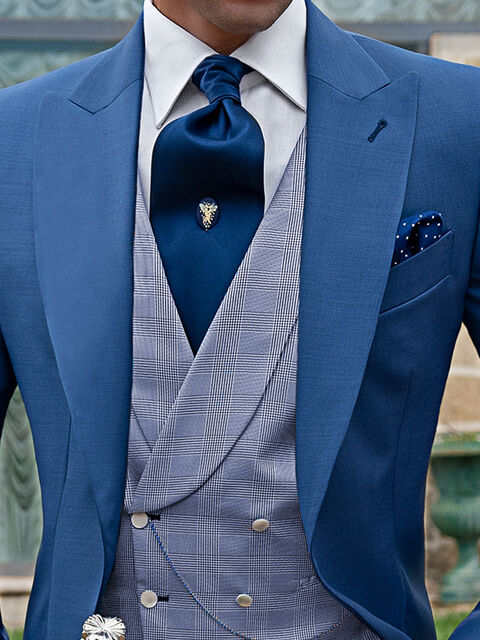 Gilet doppiopetto sciallato pura seta Principe di Galles blu royal
