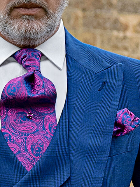 Cravattone e Fazzoletto in seta cachemire bluette fucsia
