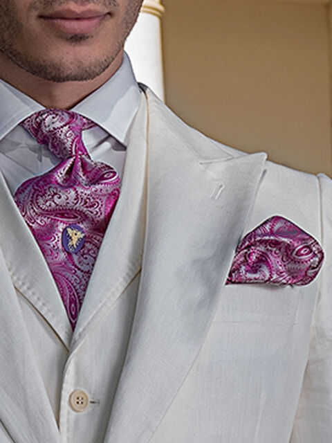 Cravattone e Fazzoletto in seta cachemire grigio perla con rosa