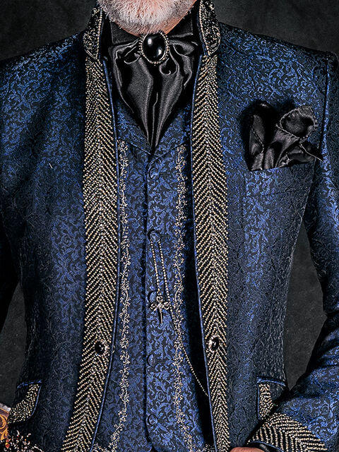 Gilet con rever broccato blu ricamato nero argento