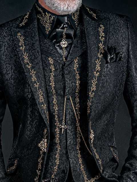 Gilet con rever broccato nero ricamato nero oro