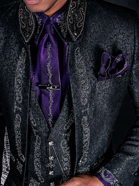 Gilet damascato nero con greca ricamata nero argento