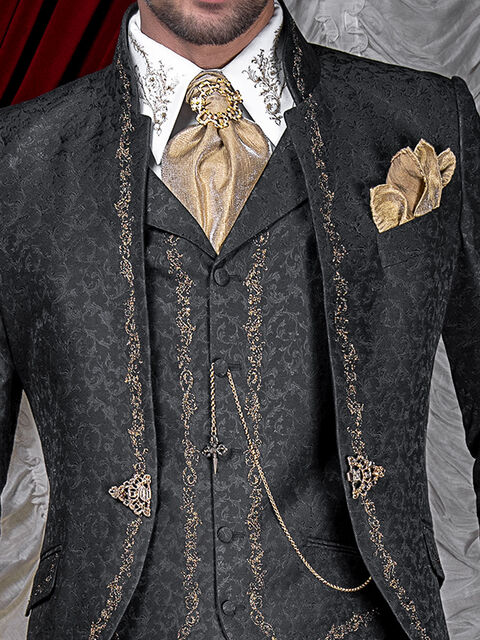 Gilet damascato nero con ricamo nero-oro