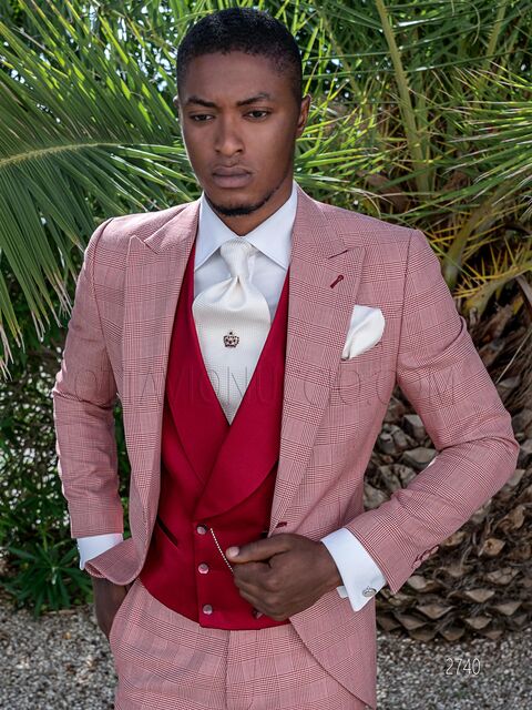 Abito elegante da cerimonia in principe di galles rosso, gilet doppiopetto rosso