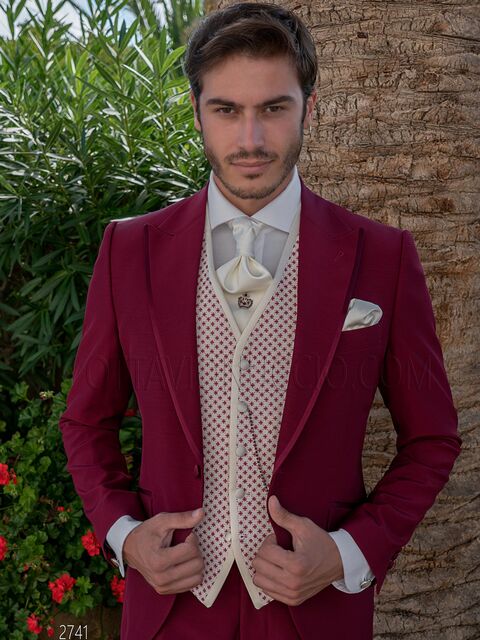 Burgundy Italian tailored fit wedding suit for groom