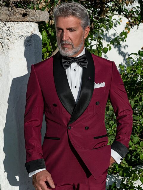 Abito moda doppiopetto sciallato fucsia con inserti neri